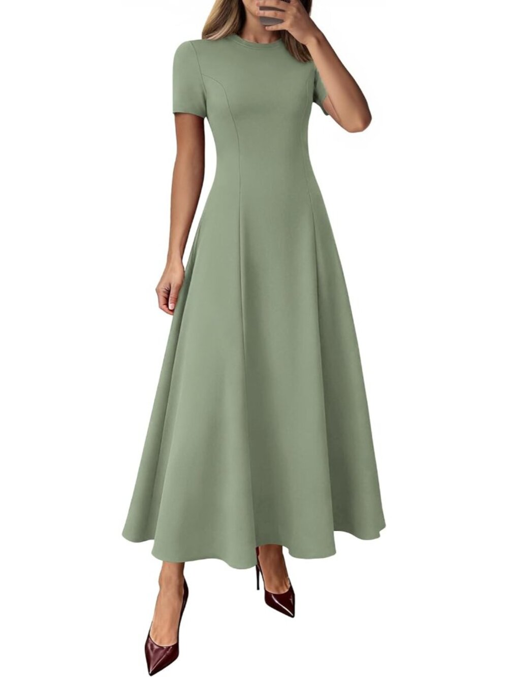 Women's Sage Green Crewneck Short Sleeve A Line High Waist Wedding Maxi Dresses